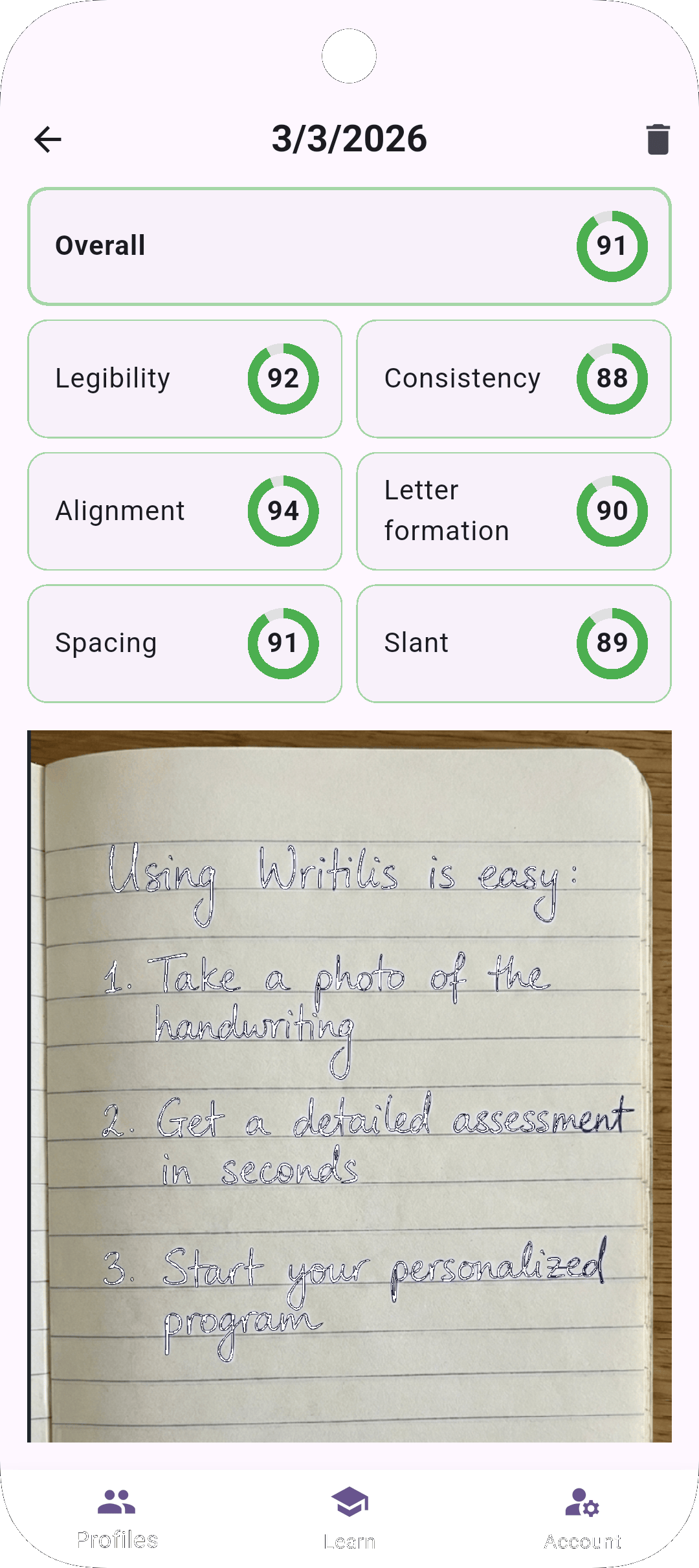 Writilis assessment screen